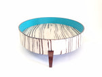 white oak wood and leather-trimmed tray with legs.