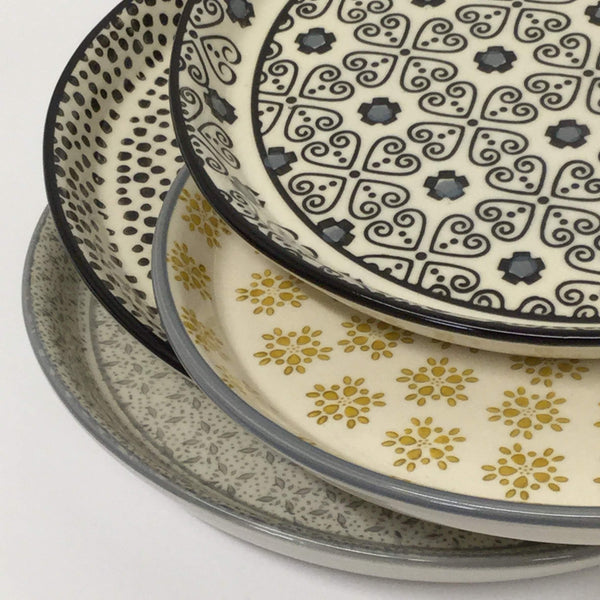 stoneware plates, mismatched plate set, modern plates
