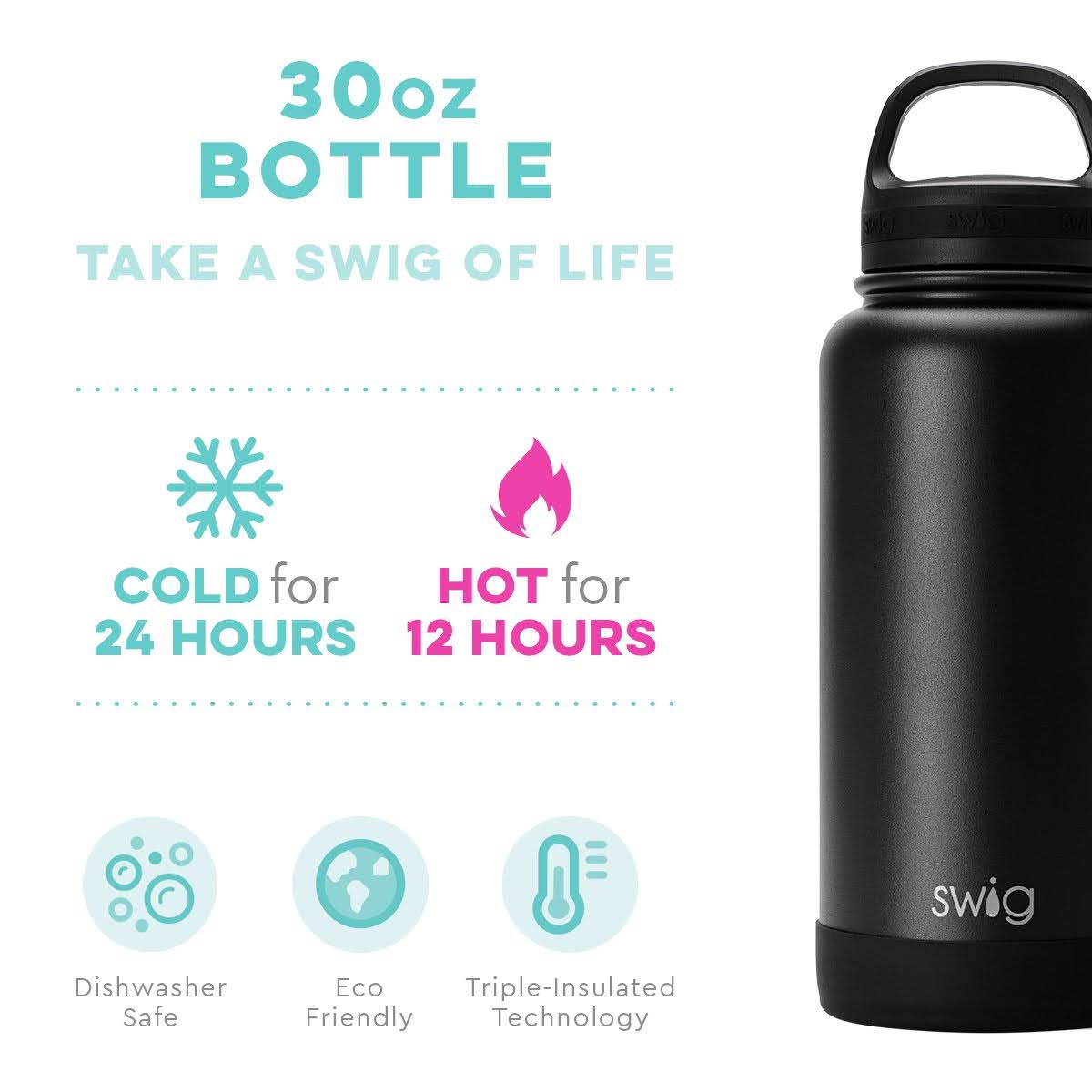 The Swig Life 30oz Triple Insulated Stainless Steel Wide Mouth Water Bottle with Handle, Dishwasher Safe, Double Wall, Vacuum Sealed, Reusable Thermos