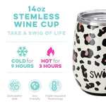 The Swig Life 14oz Wine Tumbler with Lid is Stainless Steel, Dishwasher Safe, Stemless, Portable, and Triple Insulated.