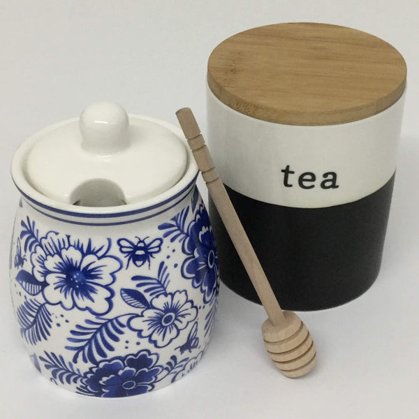 tea leaves canisters, tea leaves container and honey with dipper