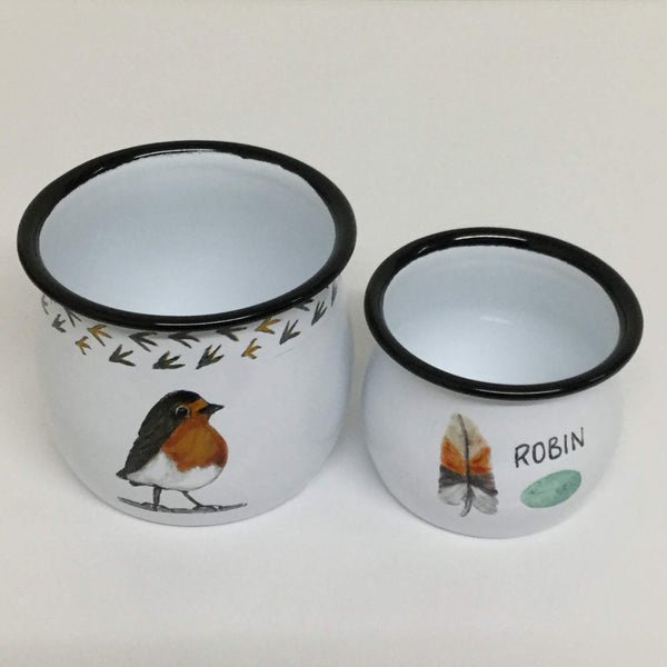 bird enameled containers/mugs, enameled snack containers