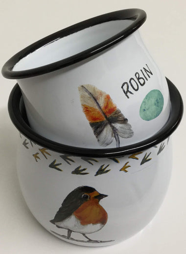 bird containers, enameled "robin red breast" drink and soup mugs