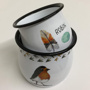 bird containers, enameled "robin red breast" drink and soup mugs