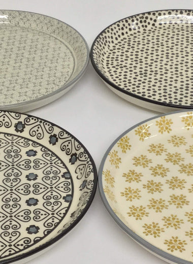stoneware plates, hand-stamped plates, 8" stoneware plates, modern design plates, mismatched plate set