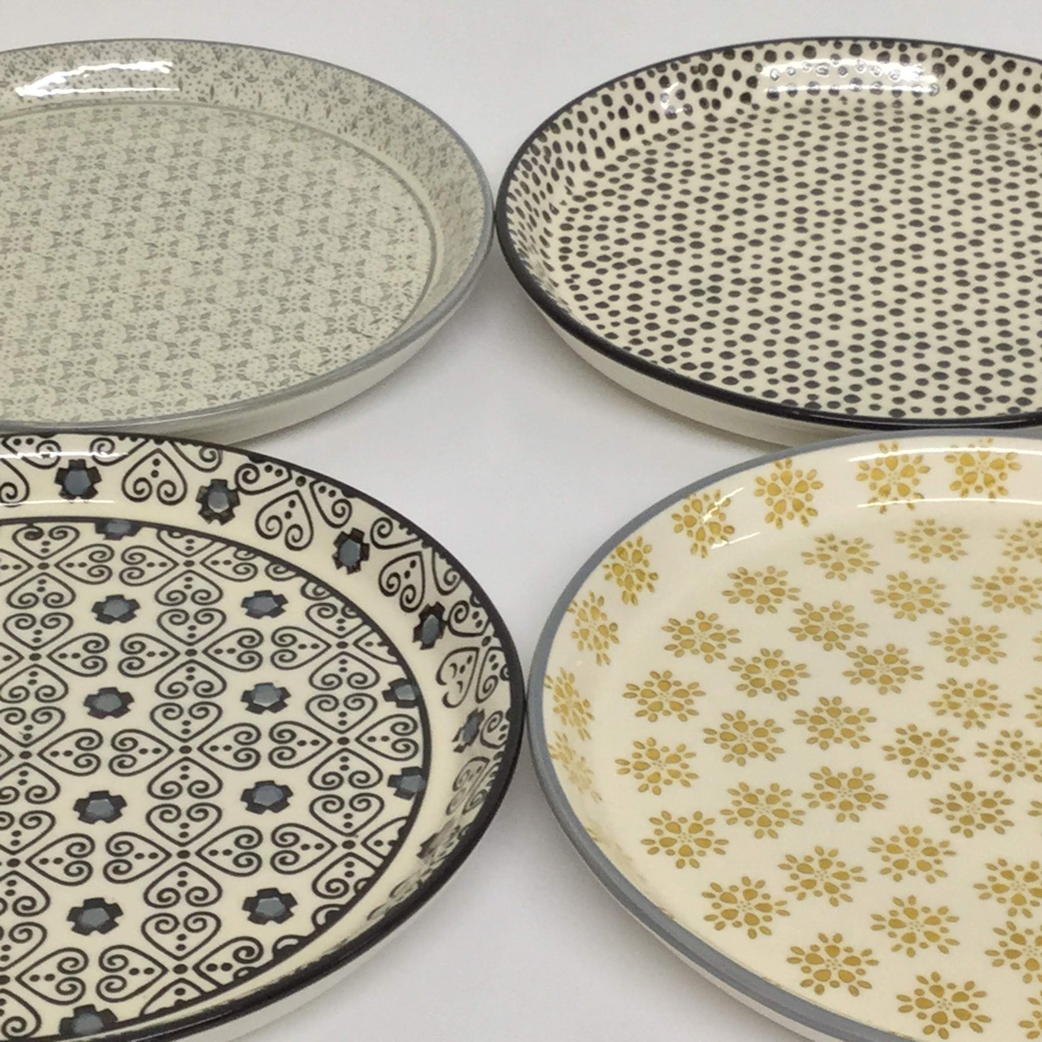 stoneware plates, hand-stamped plates, 8" stoneware plates, modern design plates, mismatched plate set