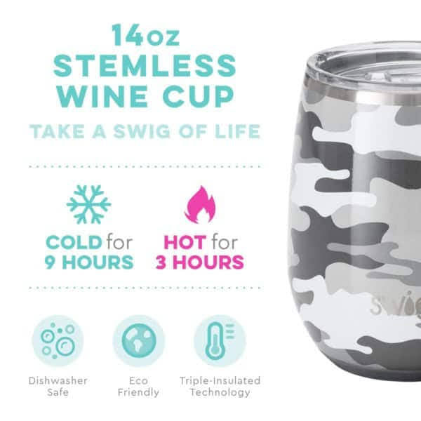 The Swig Life 14oz Wine Tumbler with Lid is Stainless Steel, Dishwasher Safe, Stemless, Portable, and Triple Insulated.