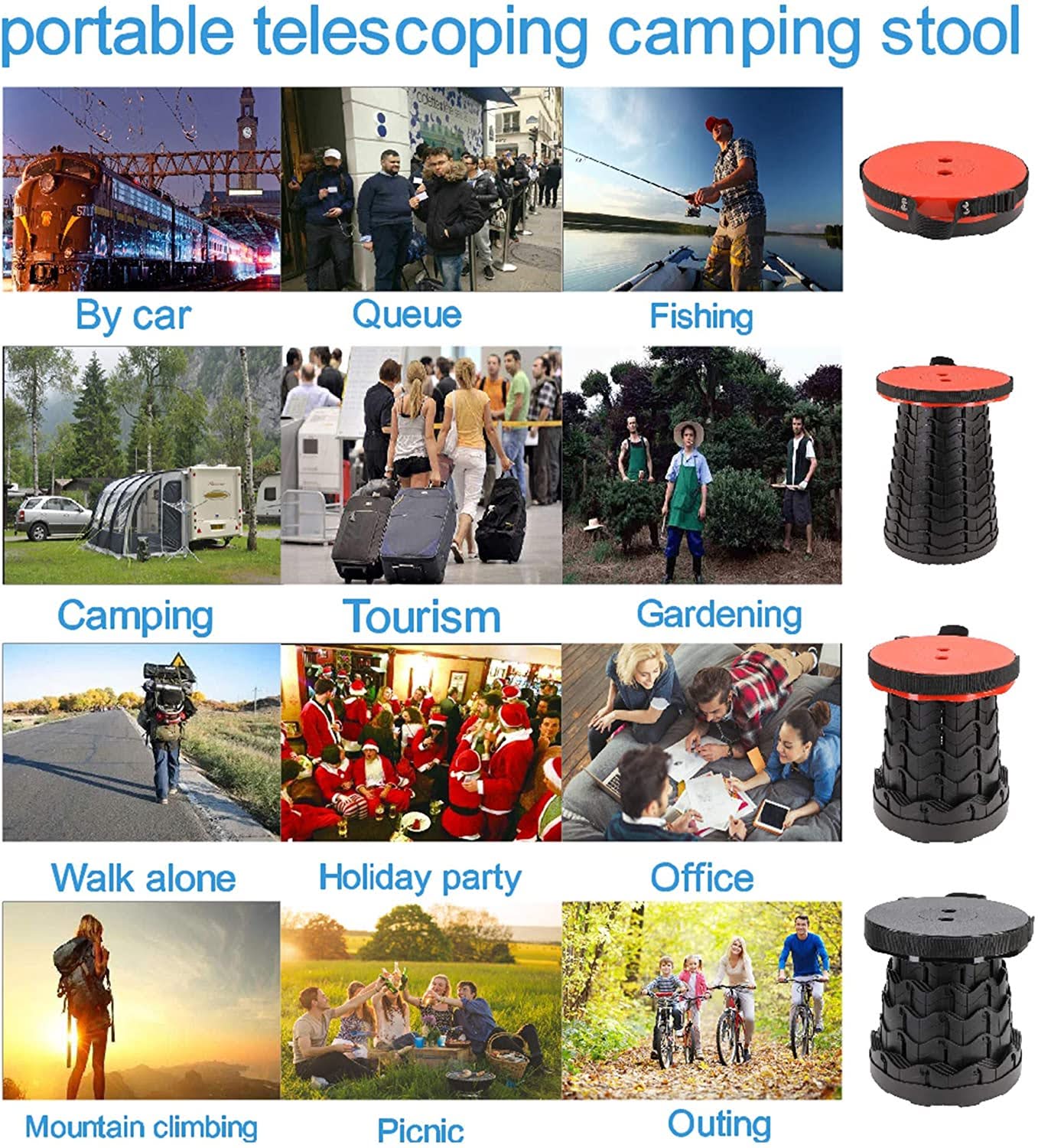 Portable expandable stool, telescoping camping stool, portable camping stool, light weight portable stool, expandable stool,